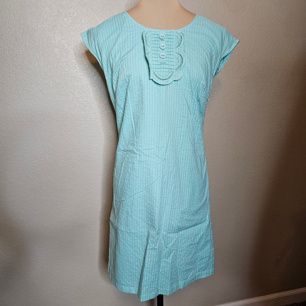Boden Aqua Blue Cotton‎ Seersucker Cap Sleeve Eyelet Bib Shift Dress 4